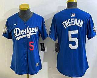 Women%27s Los Angeles Dodgers #5 Freddie Freeman Number Blue 2024 World Series With Fernando 34 Patch Limited Stitched Jerseys->mlb womens jerseys->MLB Jersey